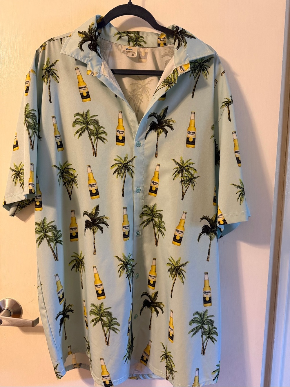 Corona Beer Bottle Light Blue Palm & Yellow Shirt